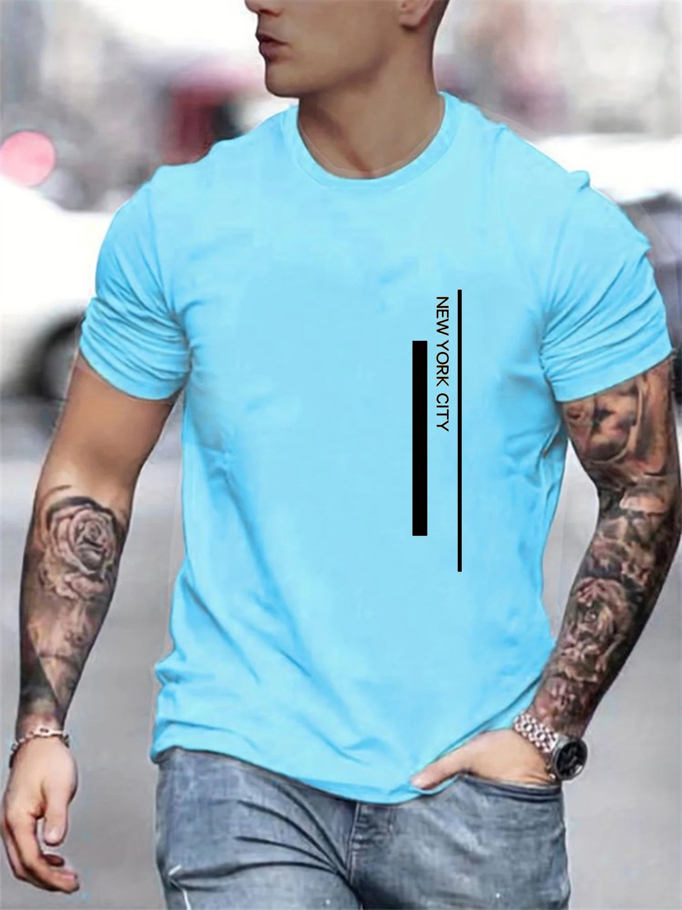 Men's Polyester summer fashionable casual loose plus size NEW YORK CITY printed slim fit round neck short sleeved T-shirt top