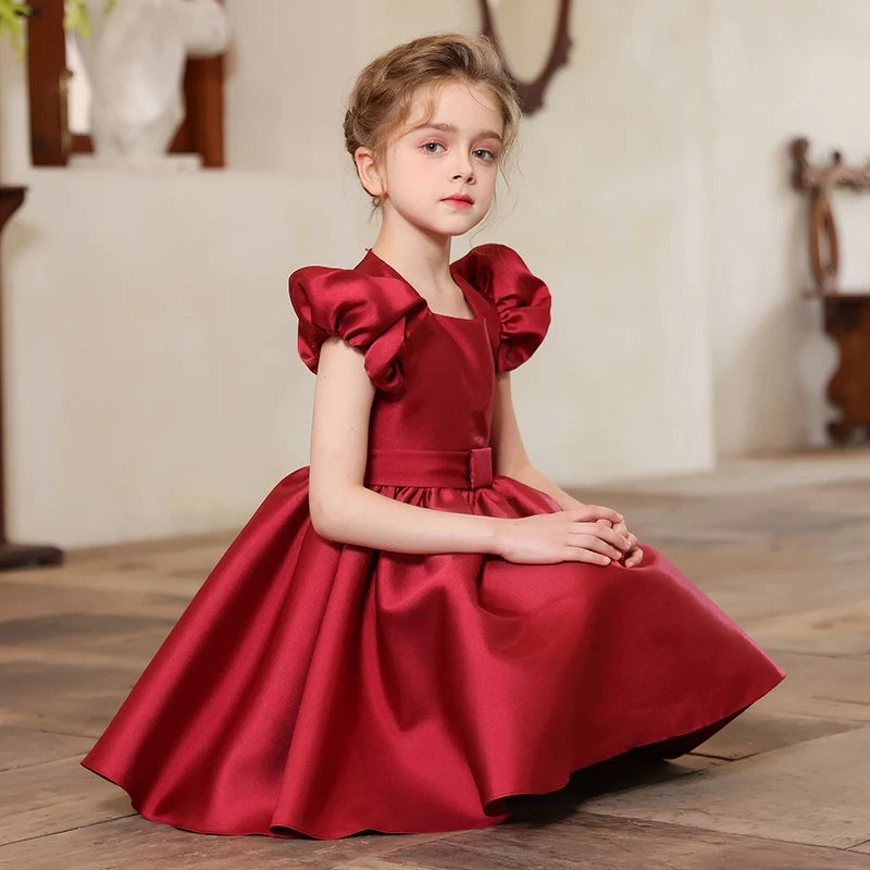 Kids Princess Noble Royal Red Evening Dress Girls Wedding Party Puff Sleeve Dress Luxury Pageant Gown Clothing Birthday Outfits