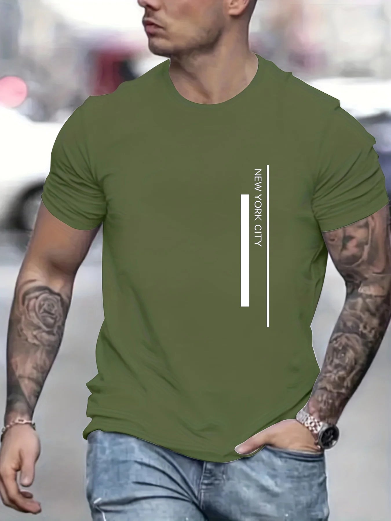 Men's Polyester summer fashionable casual loose plus size NEW YORK CITY printed slim fit round neck short sleeved T-shirt top