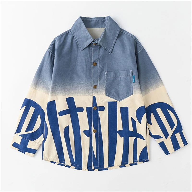 New Spring Autumn Boys Long Sleeve Gradient Denim Shirt With Letters Casual Kids Blue Orange Jean Blouse Children's Clothing