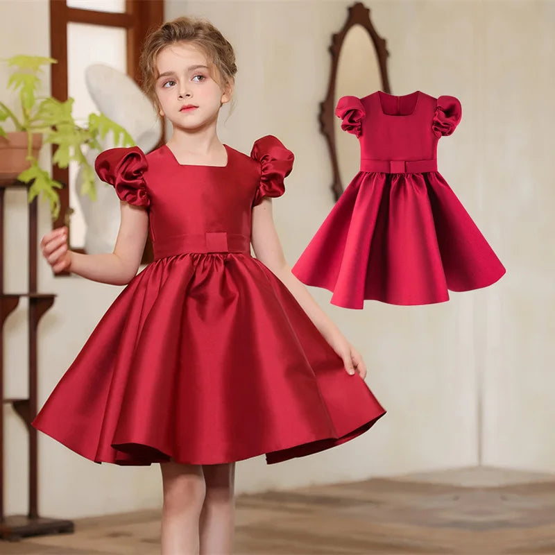 Kids Princess Noble Royal Red Evening Dress Girls Wedding Party Puff Sleeve Dress Luxury Pageant Gown Clothing Birthday Outfits