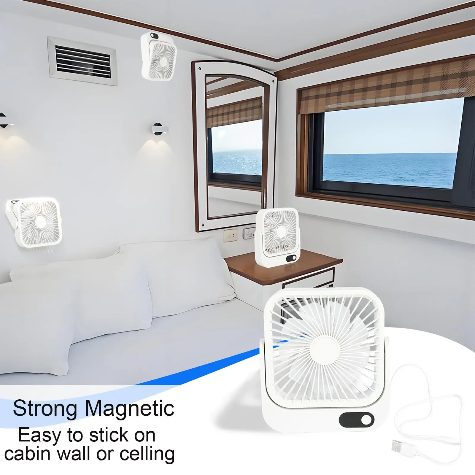 Magnetic Cruise Ship Approved Fan, 2000mAh Battery Operated, 5 Speeds, Magnetically Sticks on Cabin Ceilings and Walls