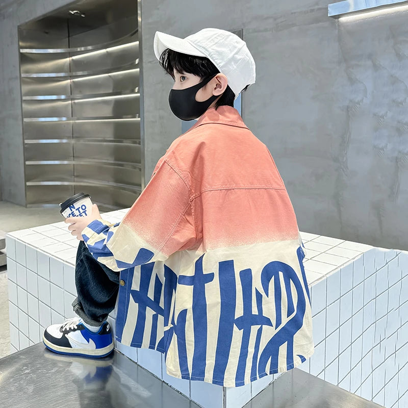 New Spring Autumn Boys Long Sleeve Gradient Denim Shirt With Letters Casual Kids Blue Orange Jean Blouse Children's Clothing