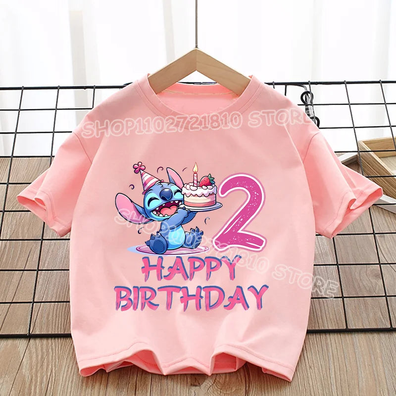 Stitch T-shirt Girls Round Neck Soft Fashion Clothes Cute Anime Figure Print Clothing Tops Kids Summer Pink Birthday Tee Gift