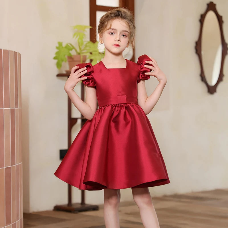 Kids Princess Noble Royal Red Evening Dress Girls Wedding Party Puff Sleeve Dress Luxury Pageant Gown Clothing Birthday Outfits