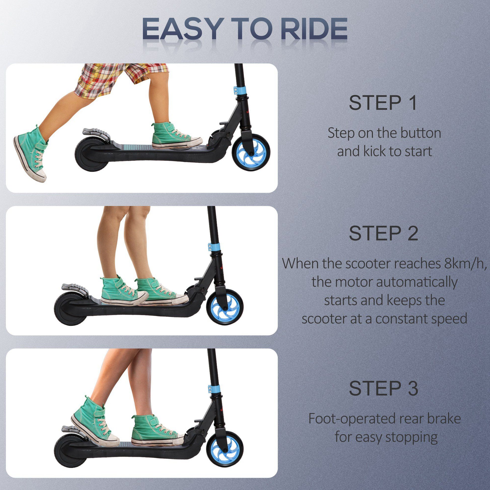 HOMCOM Folding Electric Scooter with Brake, for Ages 6+ Years, 8km/h Maximum Speed in Blue-3