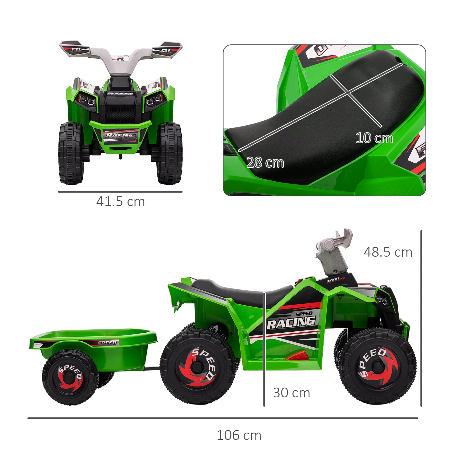 6V Quad Bike with Back Trailer, Wear-Resistant Wheels, for Ages 18-36 Months, Green | HOMCOM-1
