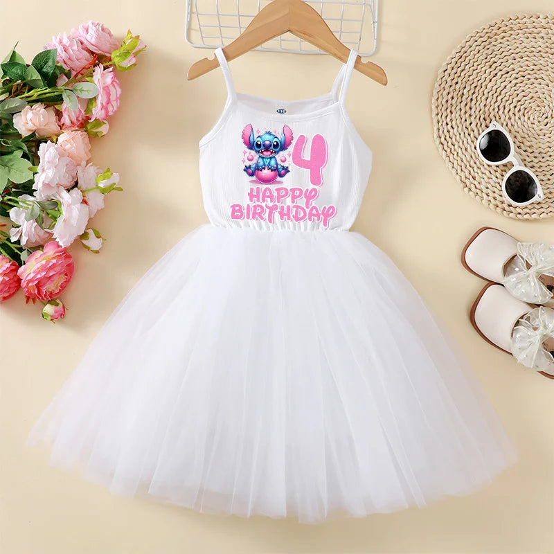 Stitch Disney Dress Birthday Number 1-9 Baby Girls Tulle Skirt Parties Supplies Kids Slip Dresses Cute Summer White Skirt Gifts