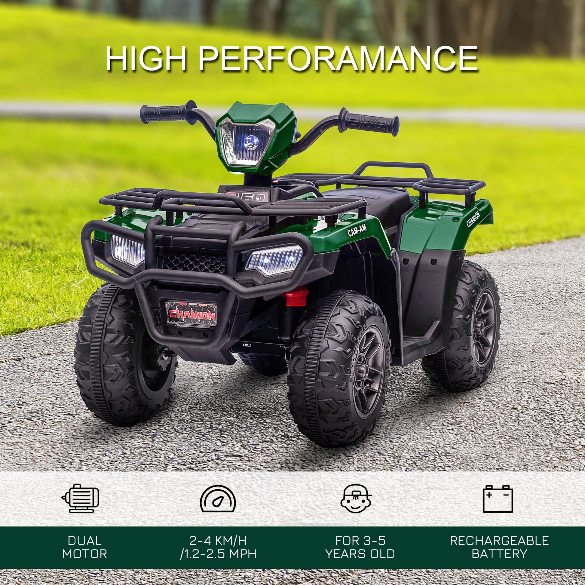 12V Kids Quad Bike with Forward Reverse Functions, Electric Ride On ATV with Music, LED Headlights, for Ages 3-5 Years in Green by HOMCOM-2