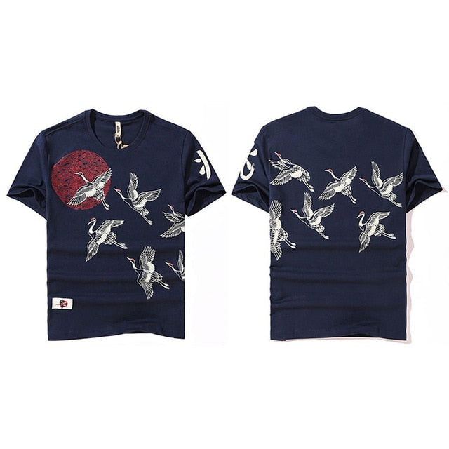 Japanese Streetwear T Shirt Crane Sun Print Mens Harajuku T-Shirt Summer Hip Hop Tshirt Cotton Short Sleeve Tops Tees Black-5