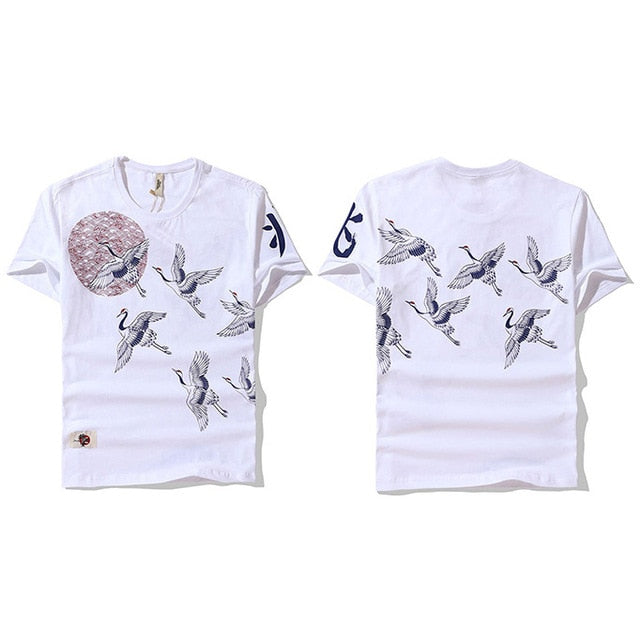 Japanese Streetwear T Shirt Crane Sun Print Mens Harajuku T-Shirt Summer Hip Hop Tshirt Cotton Short Sleeve Tops Tees Black-6