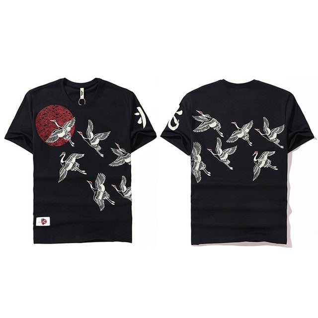 Japanese Streetwear T Shirt Crane Sun Print Mens Harajuku T-Shirt Summer Hip Hop Tshirt Cotton Short Sleeve Tops Tees Black-7