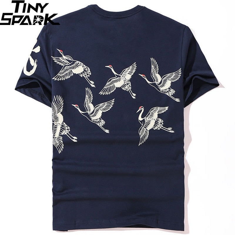 Japanese Streetwear T Shirt Crane Sun Print Mens Harajuku T-Shirt Summer Hip Hop Tshirt Cotton Short Sleeve Tops Tees Black-2