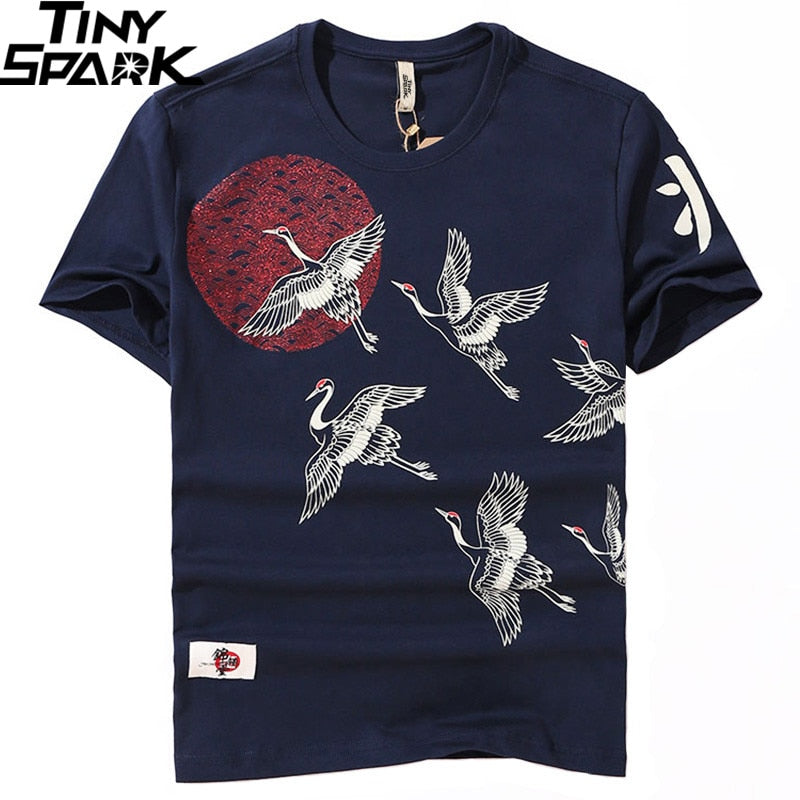 Japanese Streetwear T Shirt Crane Sun Print Mens Harajuku T-Shirt Summer Hip Hop Tshirt Cotton Short Sleeve Tops Tees Black-1