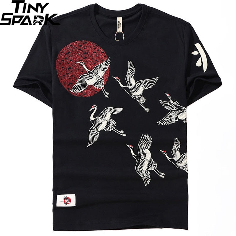 Japanese Streetwear T Shirt Crane Sun Print Mens Harajuku T-Shirt Summer Hip Hop Tshirt Cotton Short Sleeve Tops Tees Black-3