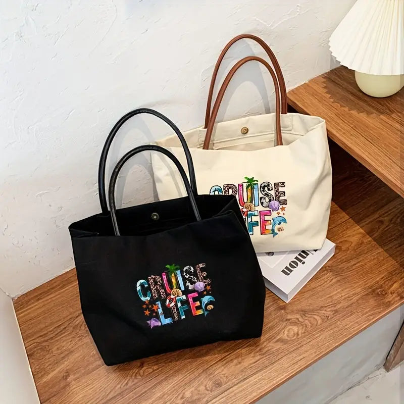 Cruise Theme Handbag, Handbag And Clutch Combination, Coconut Tree, Shell, Dolphin, Starfish, Cruise Life Print, Lightweight Foldable Storage Bag