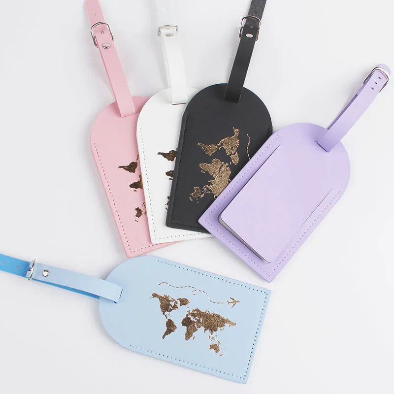 New 8 Colors PU Leather World Map Suitcase Luggage Tag Label Bag Pendant Handbag Portable Travel Accessories Name ID Address Tag
