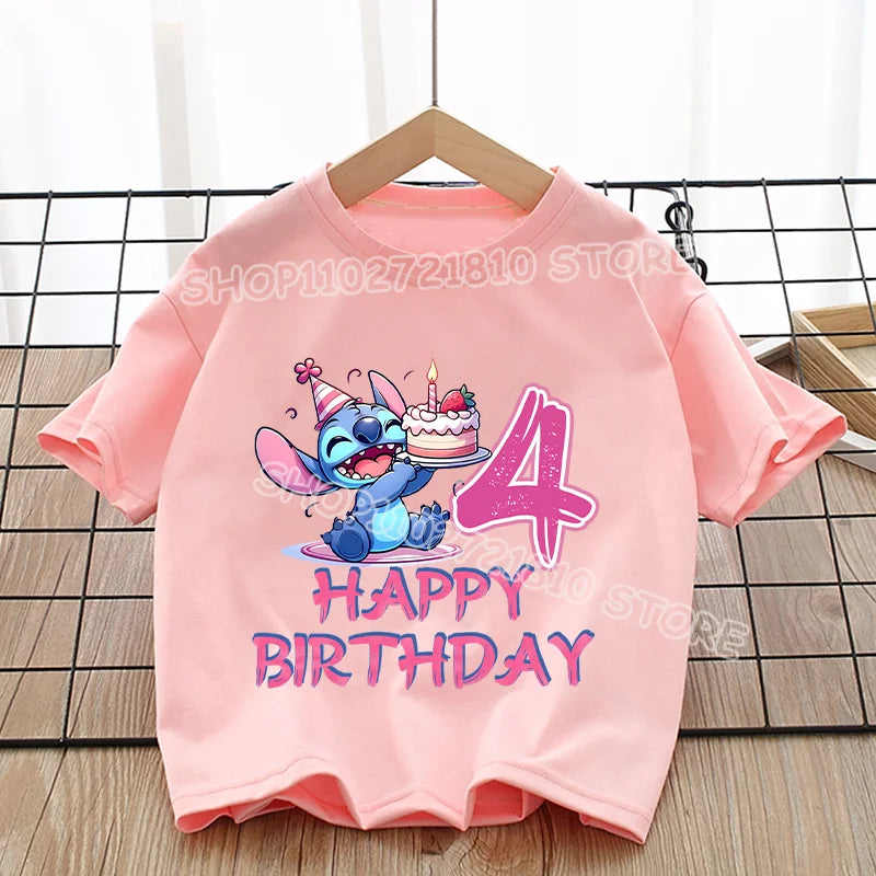 Stitch T-shirt Girls Round Neck Soft Fashion Clothes Cute Anime Figure Print Clothing Tops Kids Summer Pink Birthday Tee Gift