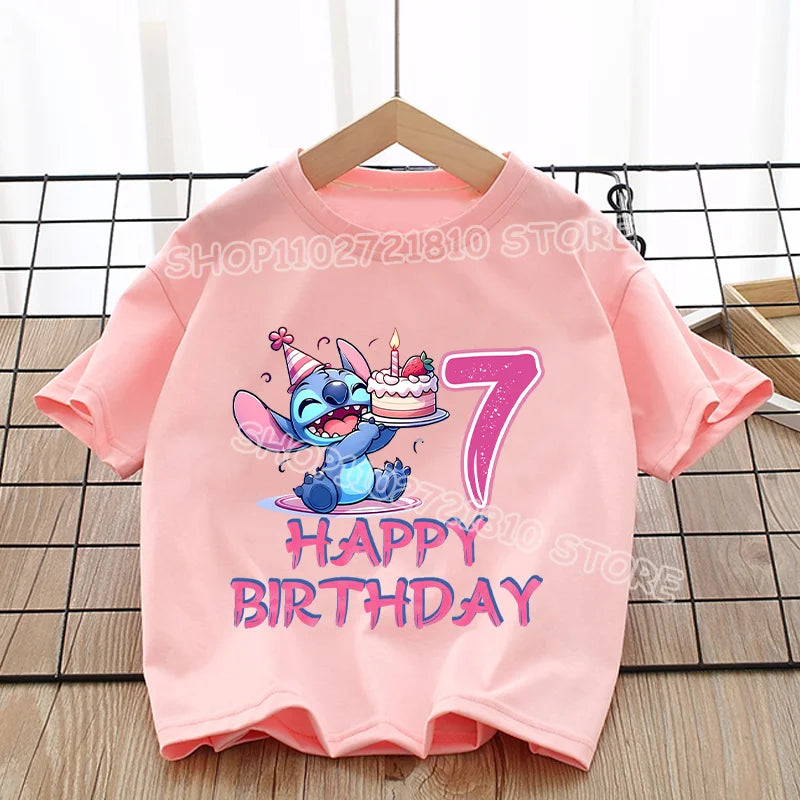 Stitch T-shirt Girls Round Neck Soft Fashion Clothes Cute Anime Figure Print Clothing Tops Kids Summer Pink Birthday Tee Gift