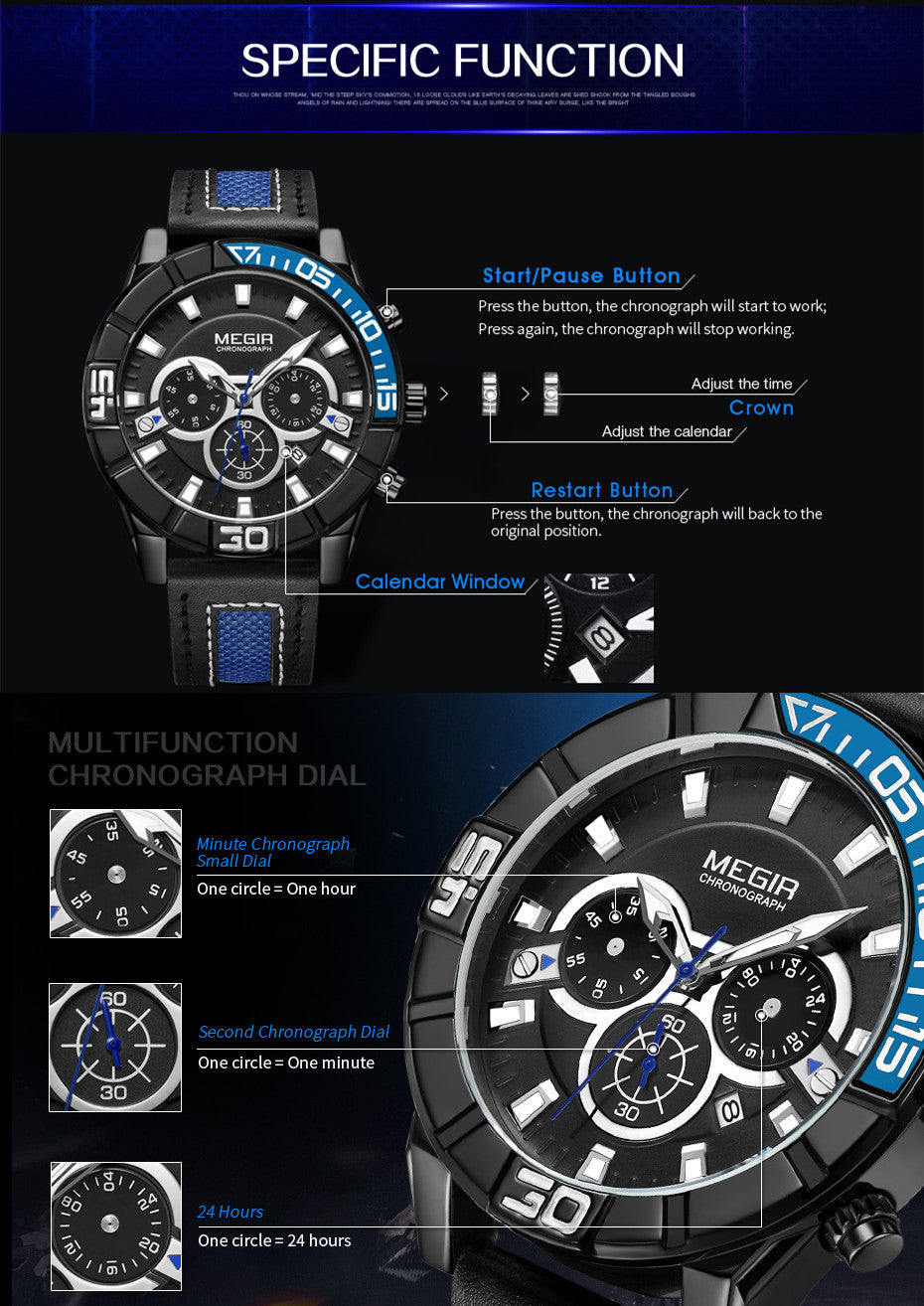 MEGIR Watches for Mens Top Brand Luxury Military Sports Watches Chronograph Leather Waterproof Date Quartz Wristwatch Man Clock-9