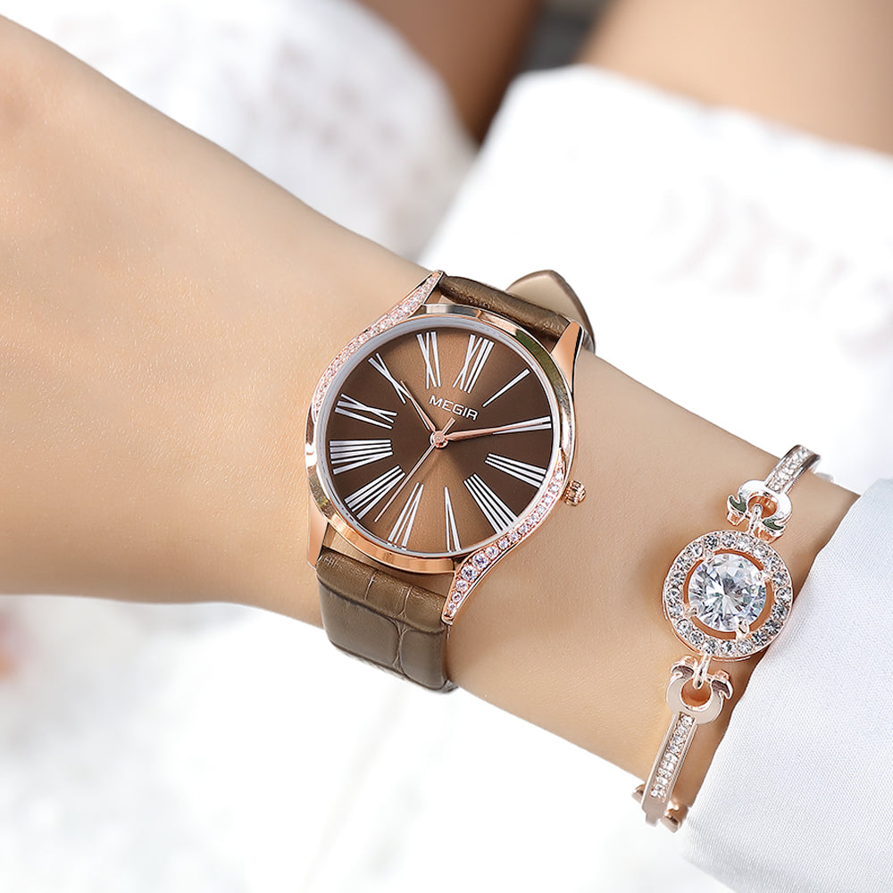MEGIR Brand Fashion Leather Woman Bracelet Watches Ladies Quartz Wristwatch Rhinestone Waterproof Casual Wrist Watch Clock-2