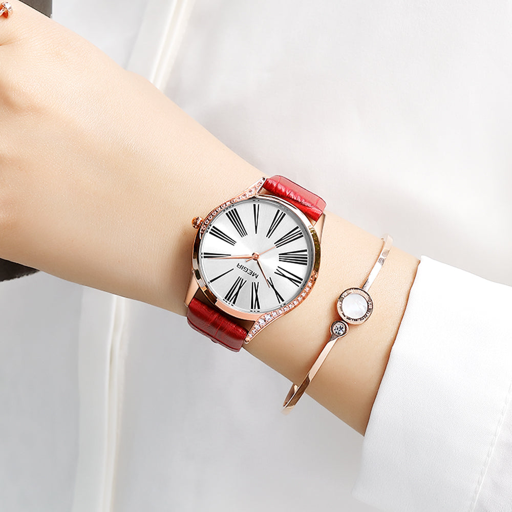 MEGIR Brand Fashion Leather Woman Bracelet Watches Ladies Quartz Wristwatch Rhinestone Waterproof Casual Wrist Watch Clock-1