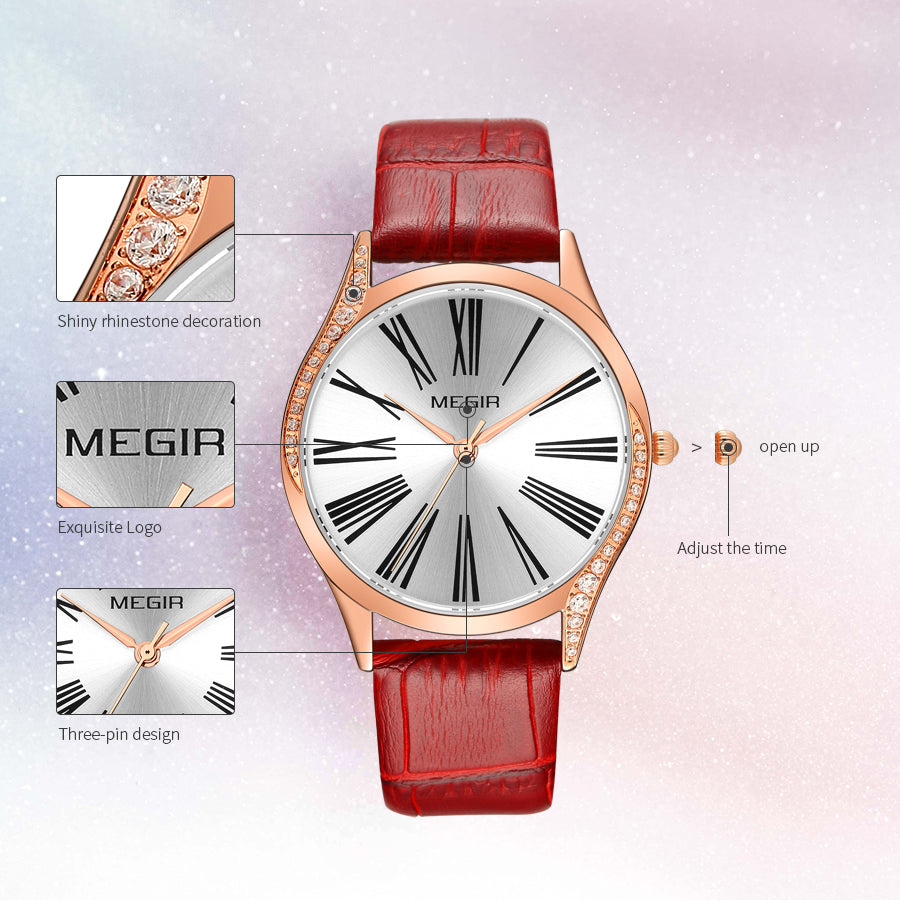 MEGIR Brand Fashion Leather Woman Bracelet Watches Ladies Quartz Wristwatch Rhinestone Waterproof Casual Wrist Watch Clock-7