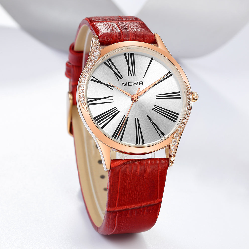 MEGIR Brand Fashion Leather Woman Bracelet Watches Ladies Quartz Wristwatch Rhinestone Waterproof Casual Wrist Watch Clock-4