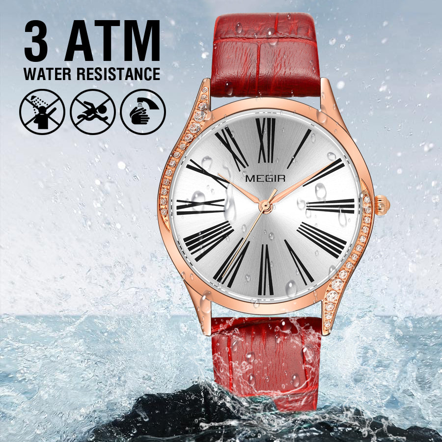 MEGIR Brand Fashion Leather Woman Bracelet Watches Ladies Quartz Wristwatch Rhinestone Waterproof Casual Wrist Watch Clock-8