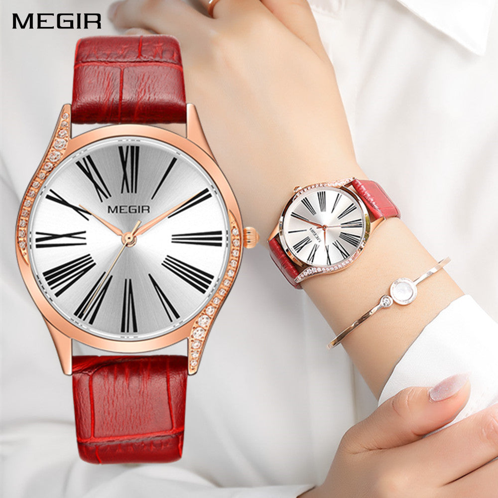 MEGIR Brand Fashion Leather Woman Bracelet Watches Ladies Quartz Wristwatch Rhinestone Waterproof Casual Wrist Watch Clock-0