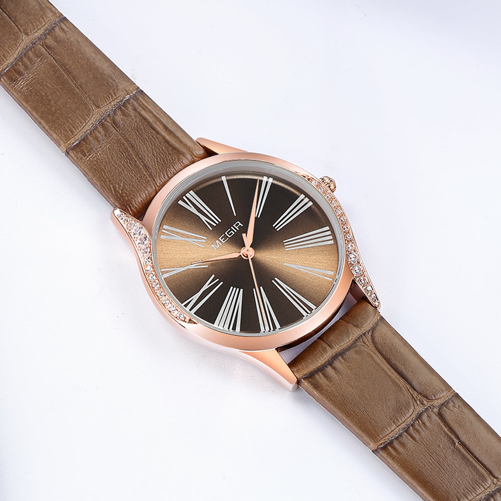 MEGIR Brand Fashion Leather Woman Bracelet Watches Ladies Quartz Wristwatch Rhinestone Waterproof Casual Wrist Watch Clock-5