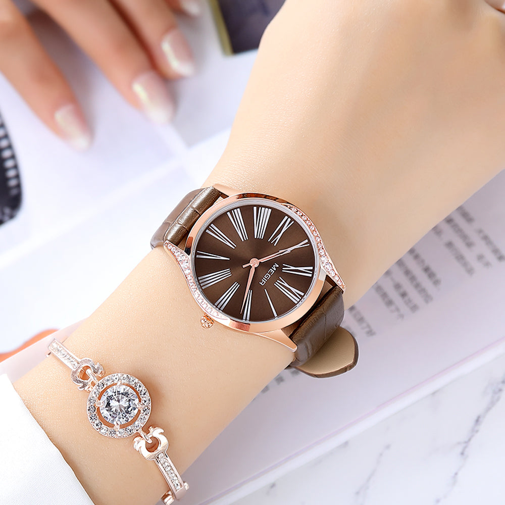 MEGIR Brand Fashion Leather Woman Bracelet Watches Ladies Quartz Wristwatch Rhinestone Waterproof Casual Wrist Watch Clock-3