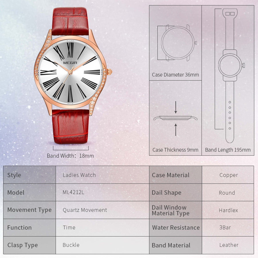 MEGIR Brand Fashion Leather Woman Bracelet Watches Ladies Quartz Wristwatch Rhinestone Waterproof Casual Wrist Watch Clock-6