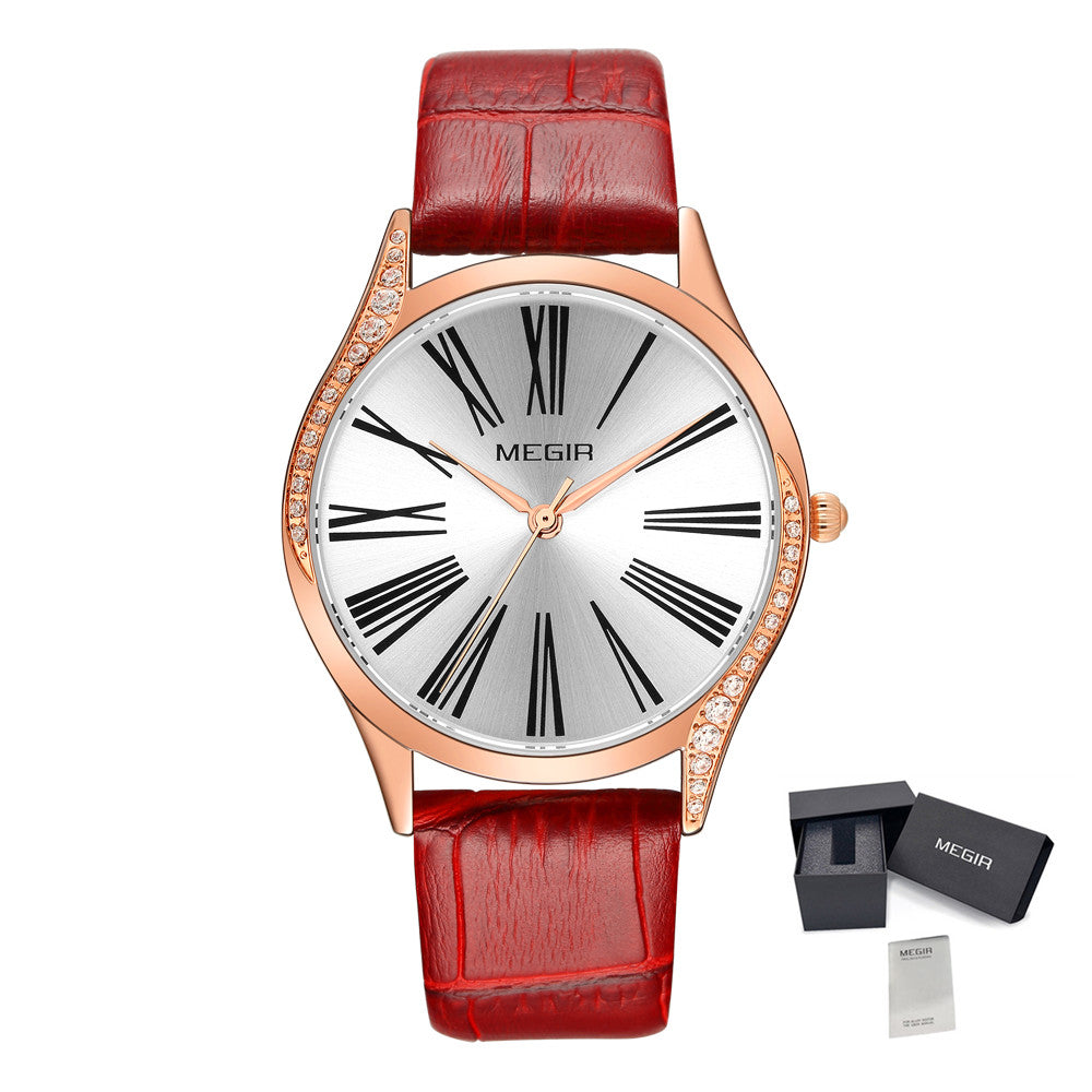MEGIR Brand Fashion Leather Woman Bracelet Watches Ladies Quartz Wristwatch Rhinestone Waterproof Casual Wrist Watch Clock-12