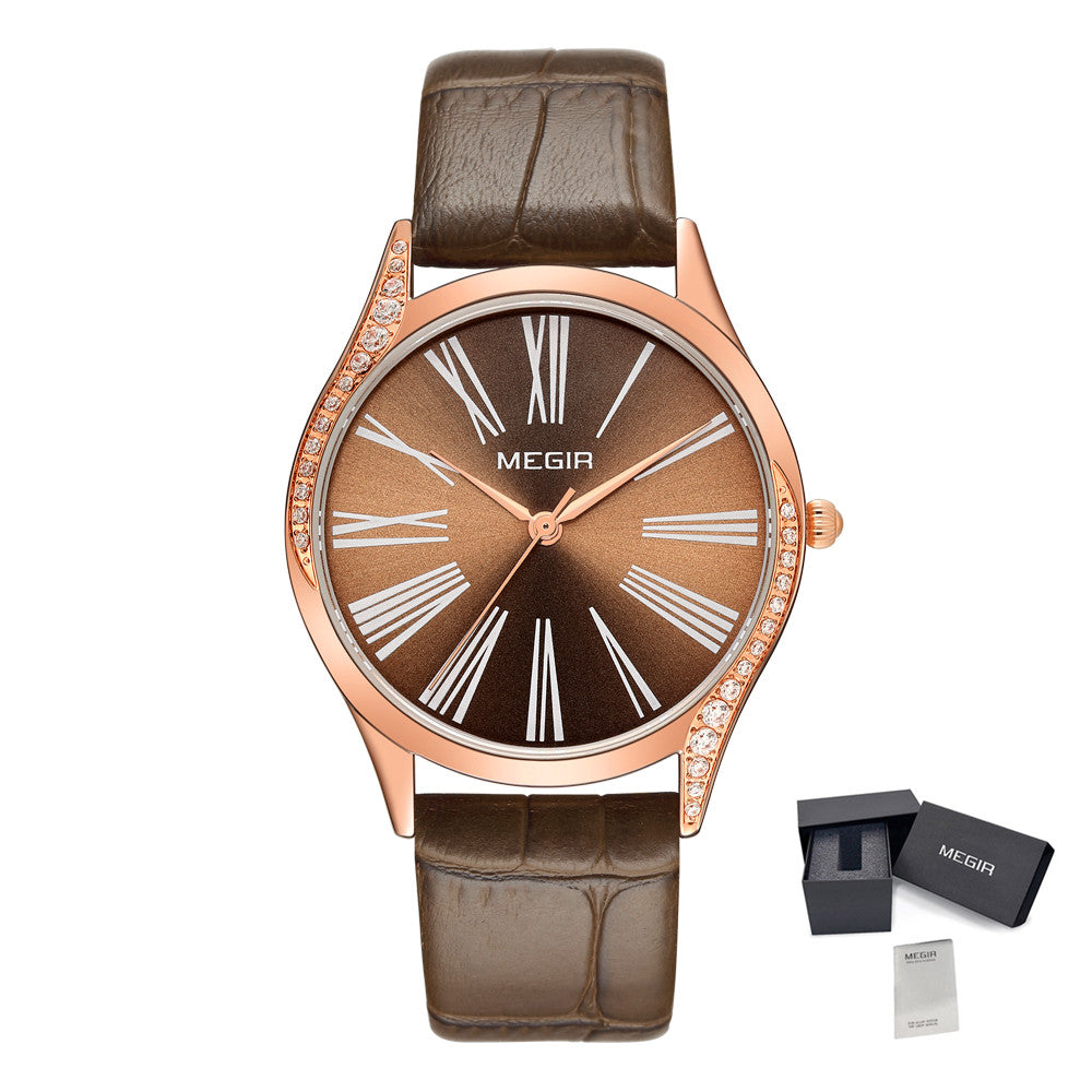 MEGIR Brand Fashion Leather Woman Bracelet Watches Ladies Quartz Wristwatch Rhinestone Waterproof Casual Wrist Watch Clock-11