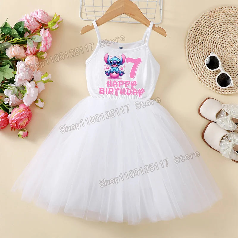 Stitch Disney Dress Birthday Number 1-9 Baby Girls Tulle Skirt Parties Supplies Kids Slip Dresses Cute Summer White Skirt Gifts