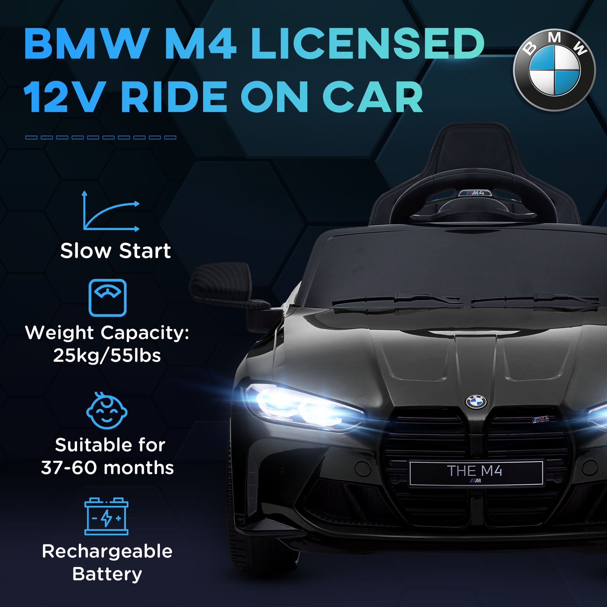 12V BMW M4 Licensed Kids Car with Easy Transport, Remote Control, Suspension, Music, Horn, LED Lights - Black by AIYAPLAY-2