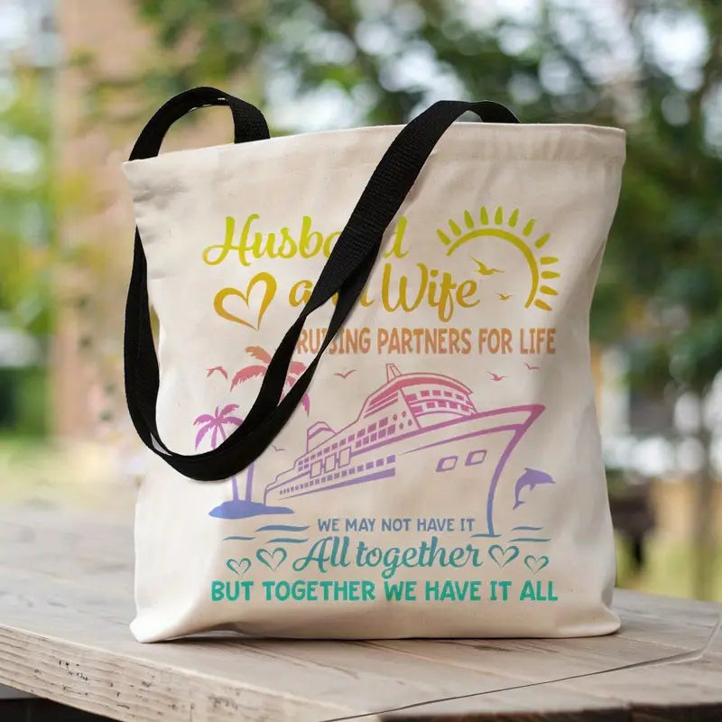 Aesthetic Polyester Husband and Wife Cruise Life Tote Bag - Large Capacity, Durable,