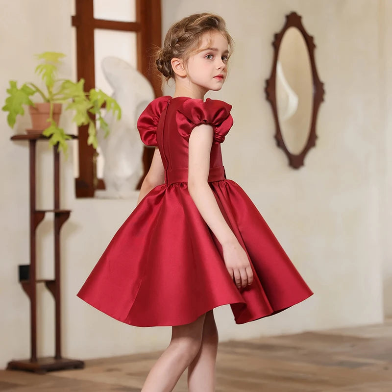 Kids Princess Noble Royal Red Evening Dress Girls Wedding Party Puff Sleeve Dress Luxury Pageant Gown Clothing Birthday Outfits
