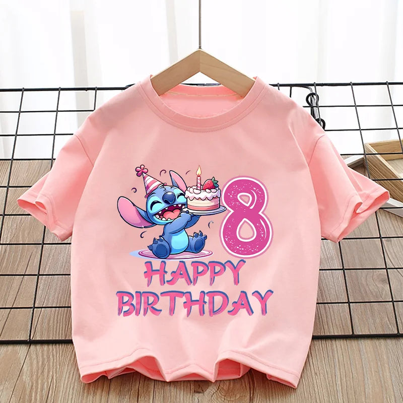 Stitch T-shirt Girls Round Neck Soft Fashion Clothes Cute Anime Figure Print Clothing Tops Kids Summer Pink Birthday Tee Gift