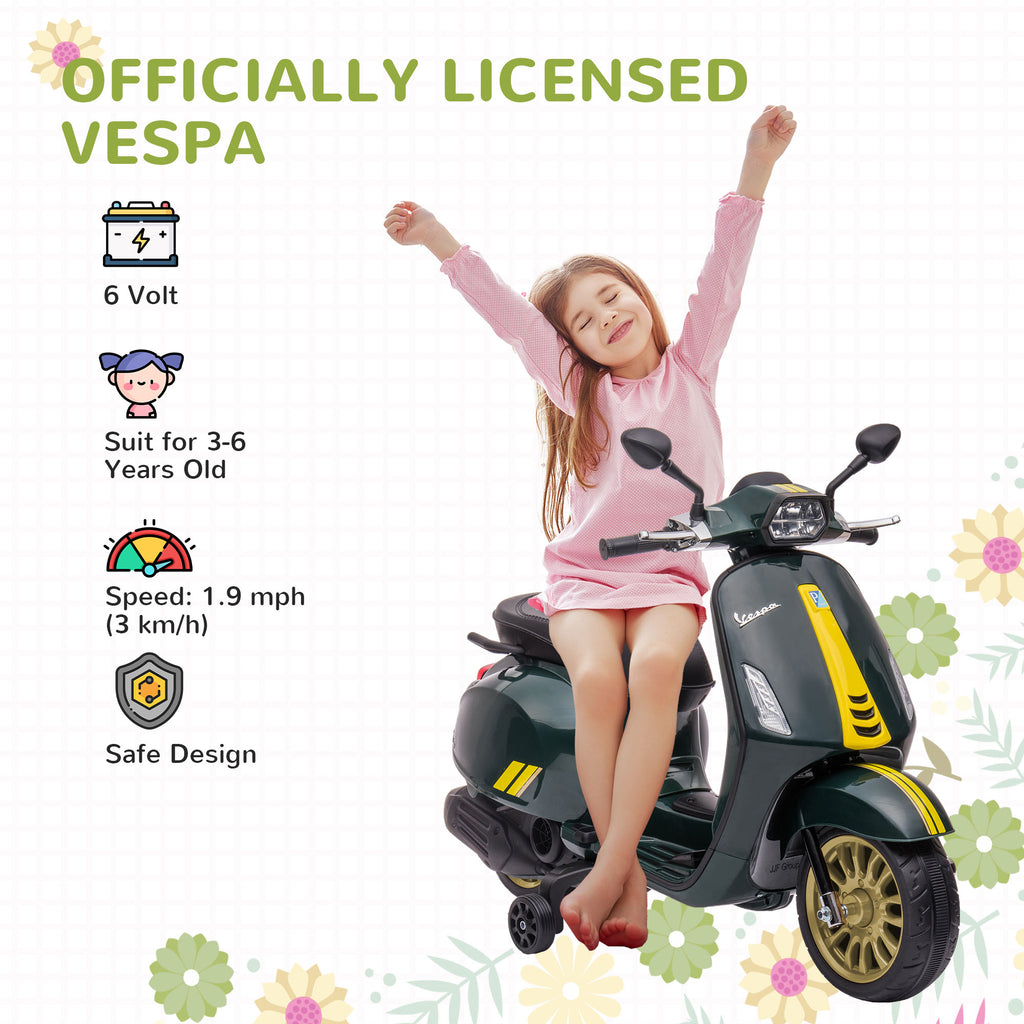 AIYAPLAY 12V Vespa Licensed Kids Electric Scooter Motorbike with Music, Headlights, FM Radio, for 3-6 Years in Green-2