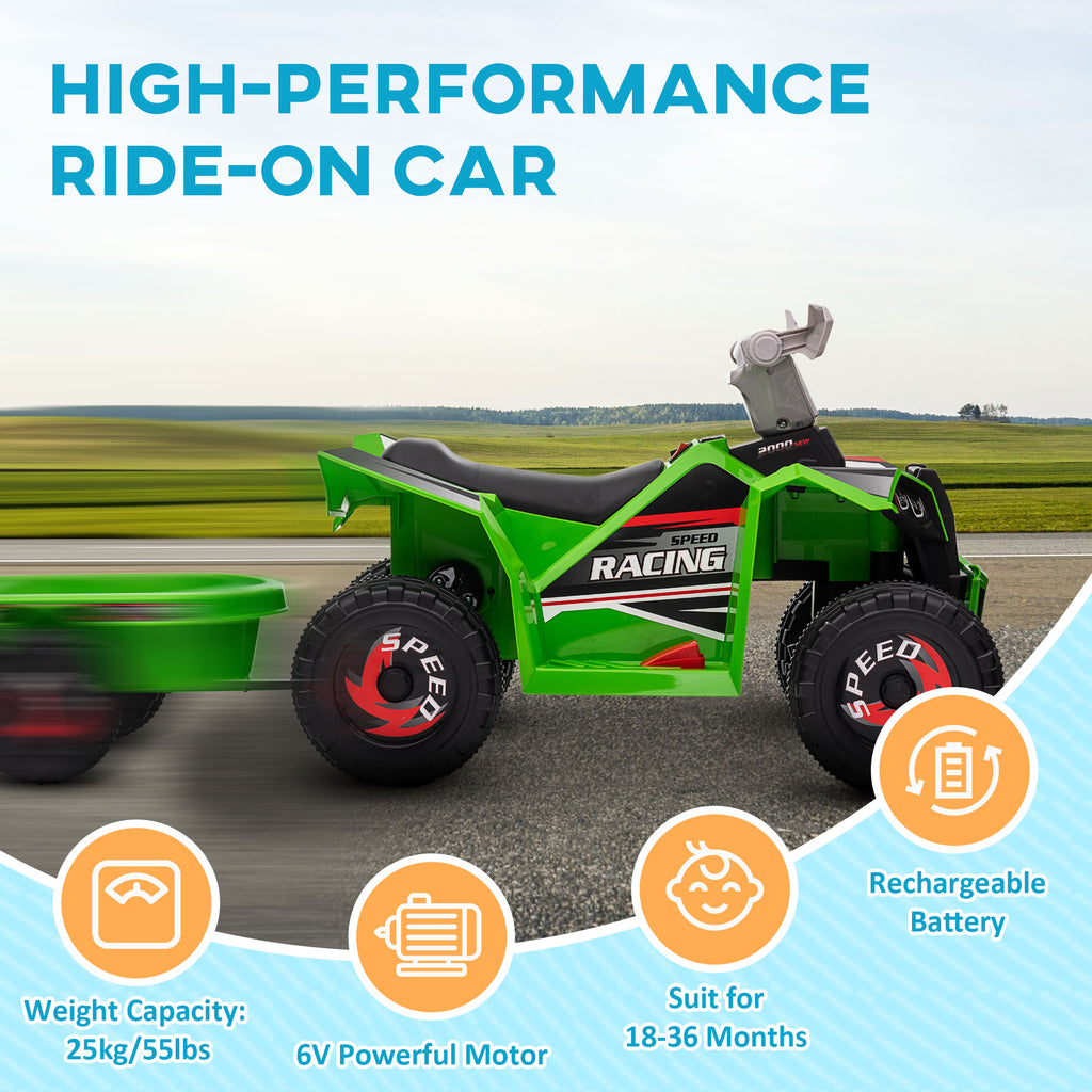 6V Quad Bike with Back Trailer, Wear-Resistant Wheels, for Ages 18-36 Months, Green | HOMCOM-4