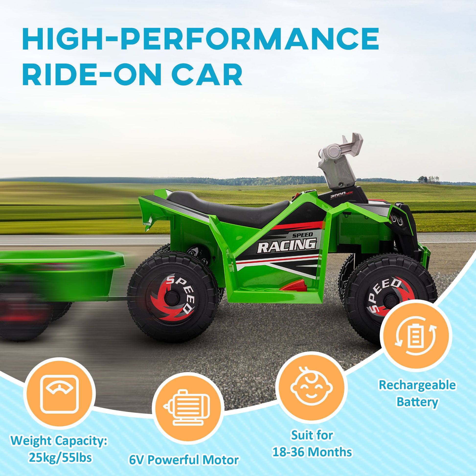 6V Quad Bike with Back Trailer, Wear-Resistant Wheels, for Ages 18-36 Months, Green | HOMCOM-4