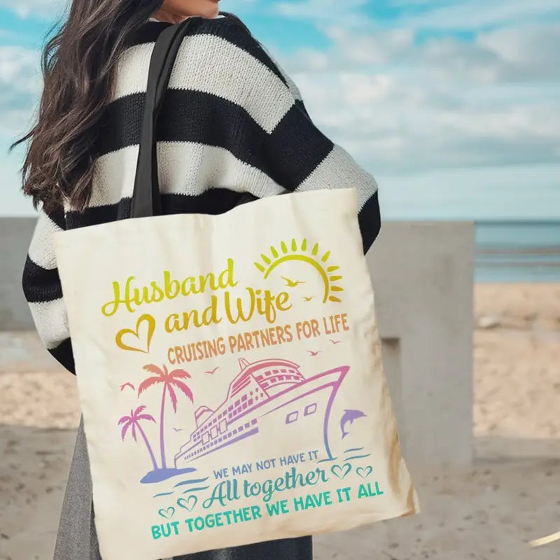 Aesthetic Polyester Husband and Wife Cruise Life Tote Bag - Large Capacity, Durable,
