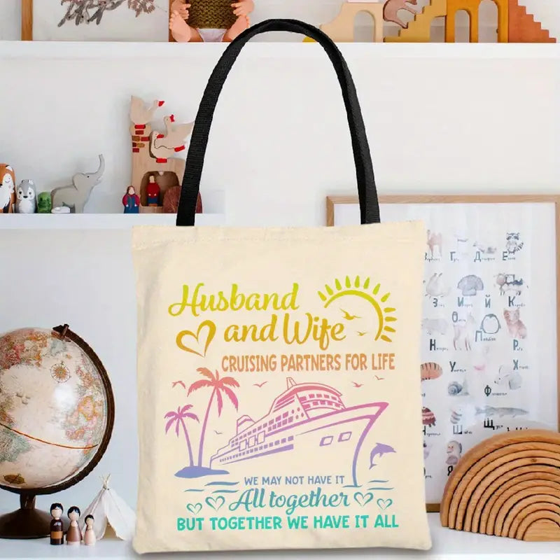 Aesthetic Polyester Husband and Wife Cruise Life Tote Bag - Large Capacity, Durable,