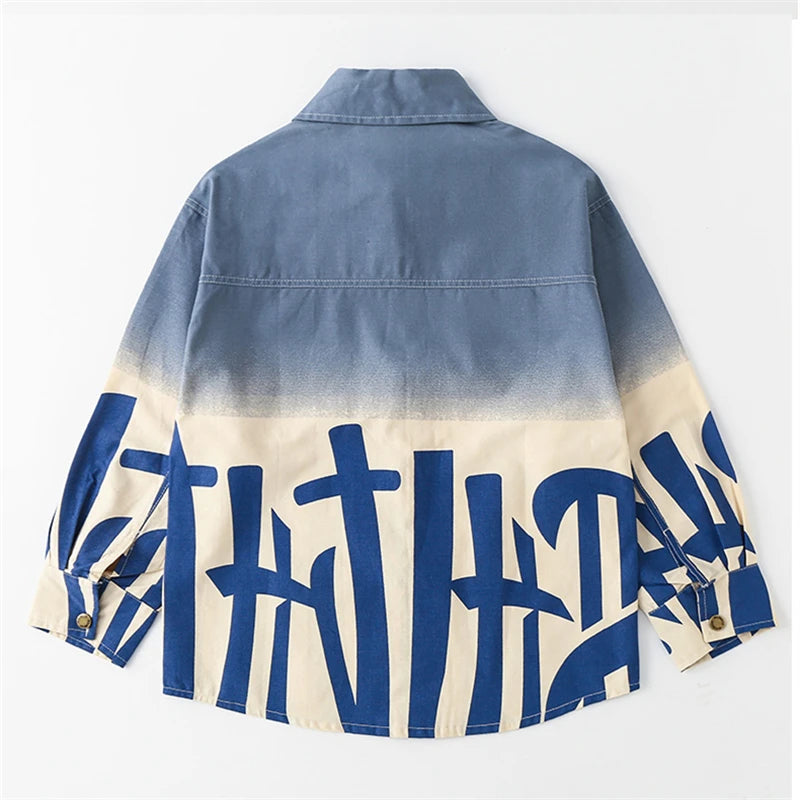 New Spring Autumn Boys Long Sleeve Gradient Denim Shirt With Letters Casual Kids Blue Orange Jean Blouse Children's Clothing