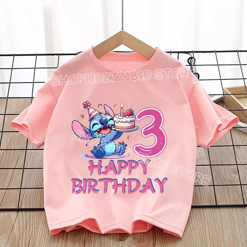 Stitch T-shirt Girls Round Neck Soft Fashion Clothes Cute Anime Figure Print Clothing Tops Kids Summer Pink Birthday Tee Gift