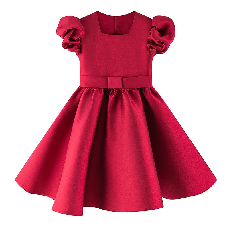Kids Princess Noble Royal Red Evening Dress Girls Wedding Party Puff Sleeve Dress Luxury Pageant Gown Clothing Birthday Outfits
