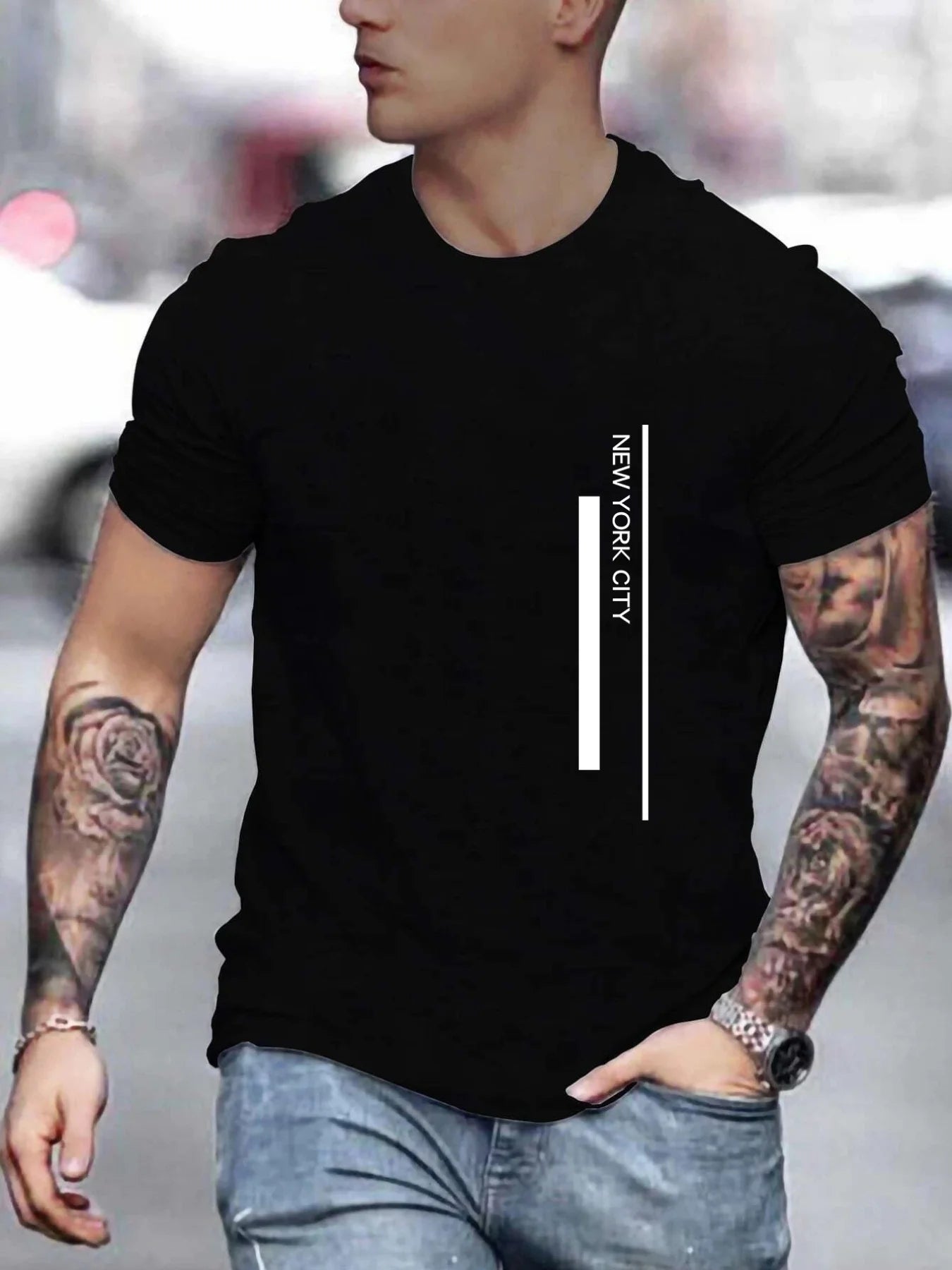 Men's Polyester summer fashionable casual loose plus size NEW YORK CITY printed slim fit round neck short sleeved T-shirt top