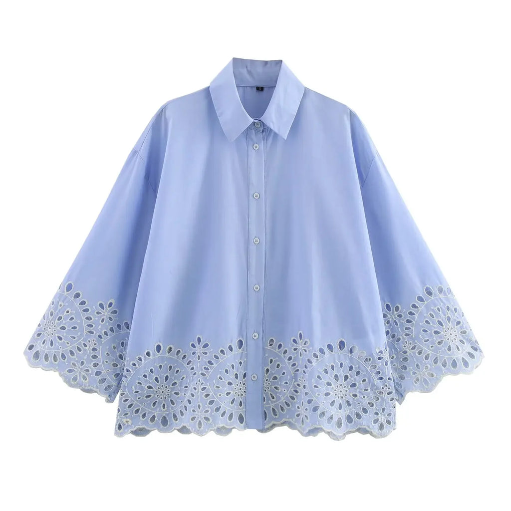 2025 Spring Summer New Women Hollow Embroidery Shirt Long Sleeve Short Shirts Blouses Fashion Casual Female Tops